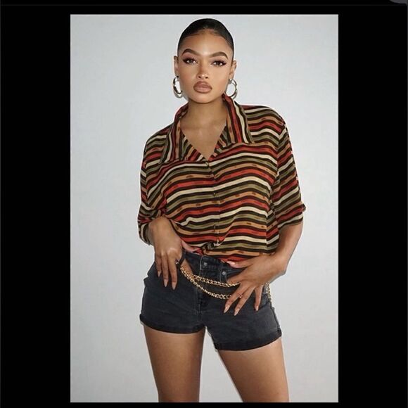 Cozy Vintage Plus Size Autumn Striped Button-Down Shirt by Stunt Woman - Picture 1 of 2